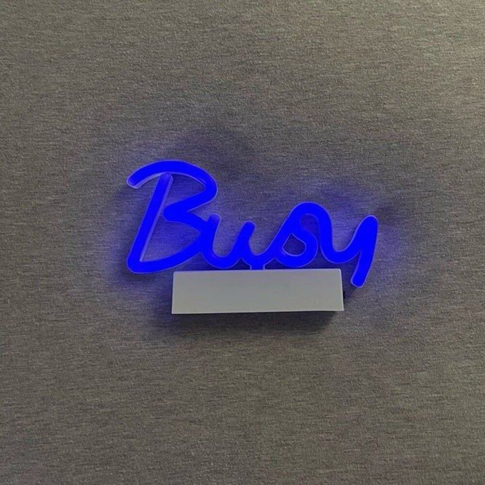 Room 2 Room "BUSY" 8.5 Inch Cursive Script Blue LED Neon Sign with Stand
